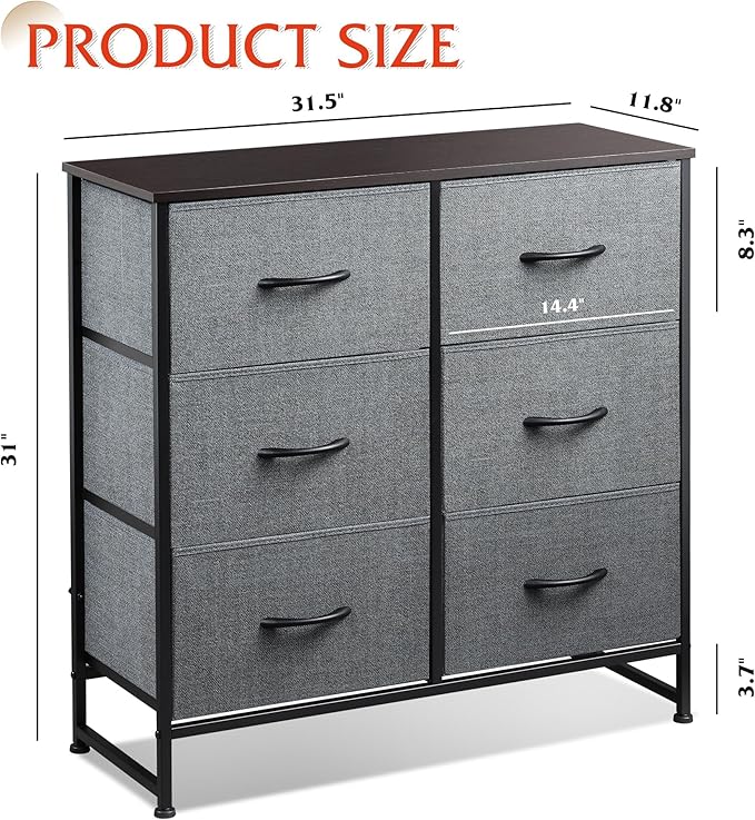 WLIVE Dresser for Bedroom with 6 Drawers, Closet Dresser with Fabric Bins, Chest of Drawers for Closet, Living Room, Hallway, Dark Grey