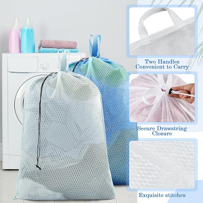 6 Pack 24 x 36 Inches Blue Soft Mesh Laundry Bag with Handles Machine Washable Secure Drawstring Closure Large Sturdy Mesh Net Laundry for College Travel Dorm Laundromat