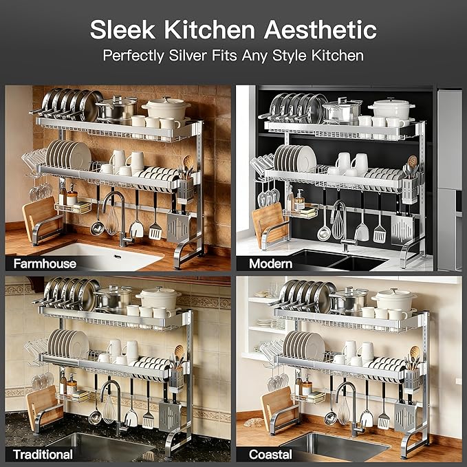 3 Tier Extra Large Stainless Steel Expandable Over The Sink Dish Drainer Drying Rack, Rust Proof Metal, Space Saving, Modern Silver Big Capacity Extendable Plate Strainers Above Kitchen Counter