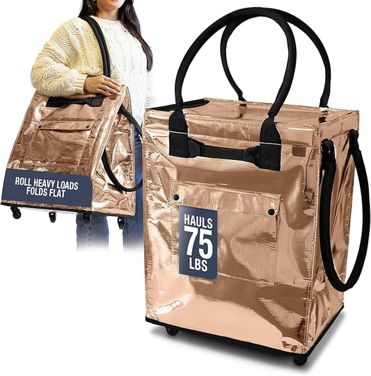 CleverMade Hauler Rolling Tote Bag, 90L Collapsible Portable Shopping Cart with Wheels for Groceries, Laundry, Organization