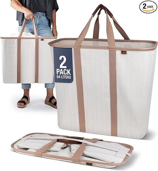 CleverMade Collapsible Laundry Caddy – Foldable Laundry Hamper & Tote, XXL 64L Pop-Up Laundry Basket with Handles, Space-Saving Laundry Organizer for Home & Travel, 2 Pack - LUXE Cream Herringbone