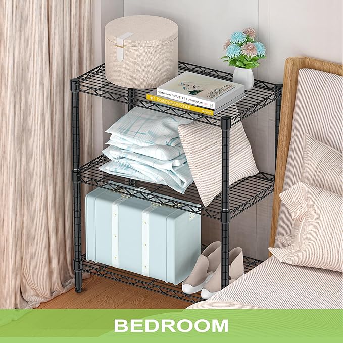 Storage Shelves Garage Wire Shelving 3 Tier Metal Wire Steel Rack Shelving Units Organizer Adjustable Utility Shelf Commercial Shelf for Kitchen Garage Pantry Laundry