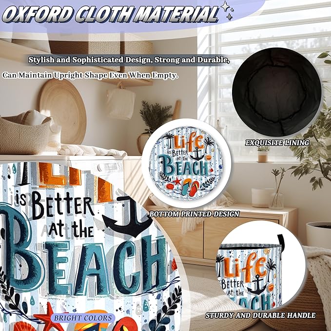 Life is Better At the Beach Laundry Basket Foldable Funny Laundry Hamper With Handle Portable Oxford Cloth Clothes Storage Basket Laundry Bag 18.9"x16.5" For Laundry Room/Bedroom/Bathrooms