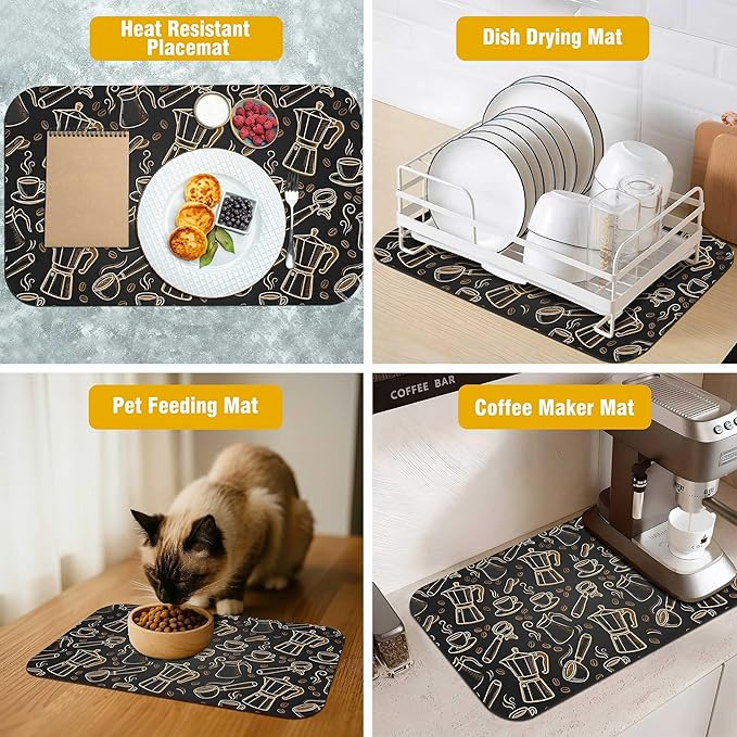 Black and Gold Coffee Tool Coffee Drying Mat 12" x 19", Absorbent Waterproof Coffee Station Mat, Protects Countertops from Spills Stains for Coffee Makers and Home Baristas