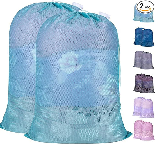Polecasa Heavy Duty Large Mesh Laundry Bags with ID Tag and Locking Drawstring Closure - 2 Pack, 24 x 36 inches - Laundry Hamper Liner, Washable Laundry Bag for Travel, Sports, Dorms (Aqua)