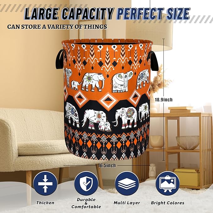 Elephants Laundry Basket Foldable Boho Elephant Animals Laundry Hamper With Handle Portable Oxford Cloth Clothes Storage Basket Laundry Bag 18.9"x16.5" For Laundry Room/Bedroom/Bathrooms