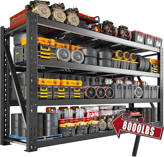 Bepatio 77"W Heavy Duty Garage Shelving,8000LBS Industrial Storage Shelves,4 Tier Adjustable Metal Shelving Unit, Large Steel Storage Rack for Basement, Warehouse, Commercial Use, 24"D x 72"H, Black