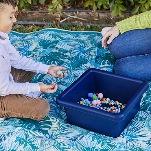 ECR4Kids Stackable Square Bins with Non-Snap Lids, Multipurpose Organization, Navy, 4-Pack