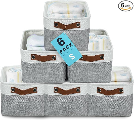 OrganiHaus Small Fabric Storage Baskets 6 Pack, 12x8in Cloth Storage Bins for Shelves, Small Baskets for Organizing Pantry Closet, Canvas Shelf Baskets, Gray/Off-White