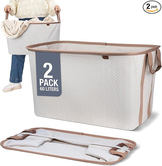 CleverMade Collapsible Laundry Basket LUXE 2 Pack – 60 L (16 Gal) Foldable Cotton Blend Clothes Hamper with Vegan Leather Accents, Reinforced Handles, Space Saving Laundry Bin Holds 55 lbs - Cream