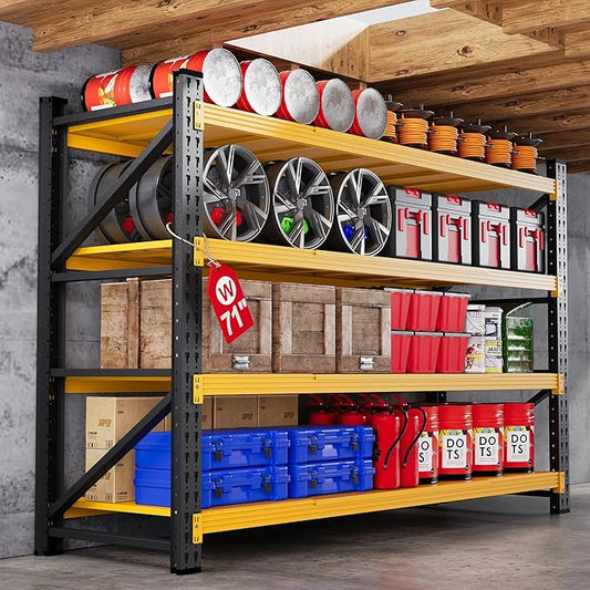 71”W Garage Shelving Units, 5000LBS Storage Shelves Heavy Duty, 24" Deep Metal Shelving Rack, 4 Tier Large Tall Industrial Shelving , Adjustable Standing Shelf for Warehouse / Shop 71"W x 24"D x 70"H