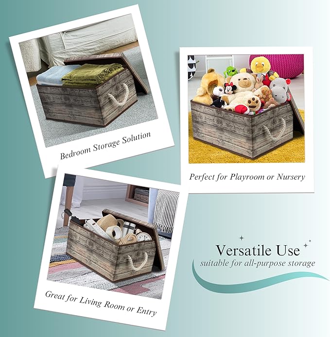 Sorbus Storage Box Set with Lid, Carry Handles, Foldable Frame, Rustic Wood Grain Print Bins, Great for Toys, Memorabilia, Closet, Office, Bedroom, 2-Pack (Wood Box Set - Brown)