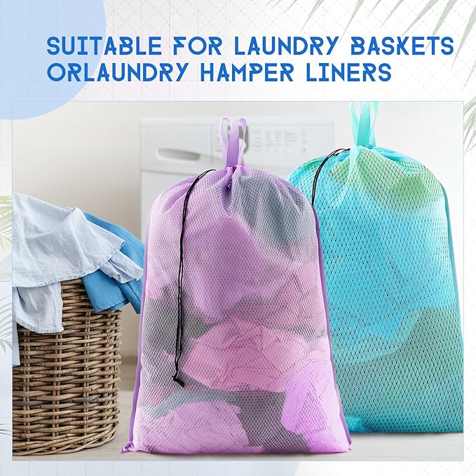 6 Pack 24 x 36 Inches Colorful Soft Mesh Laundry Bag with Handles Machine Washable Secure Drawstring Closure Large Sturdy Mesh Net Laundry for College Travel Dorm Laundromat