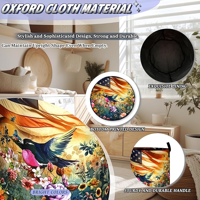 American Flag Garden Birds Laundry Basket Foldable Bird Laundry Hamper With Handle Portable Oxford Cloth Clothes Storage Basket Laundry Bag 18.9"x16.5" For Laundry Room/Bedroom/Bathrooms