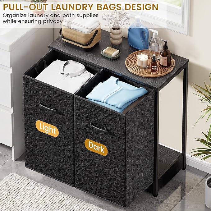 Pull-Out Laundry Sorter Cabinet With Removable Bags, Laundry Basket, 140L (2x70L) Laundry Hamper 2 Section For Organized Bedroom, Laundry Room, Black