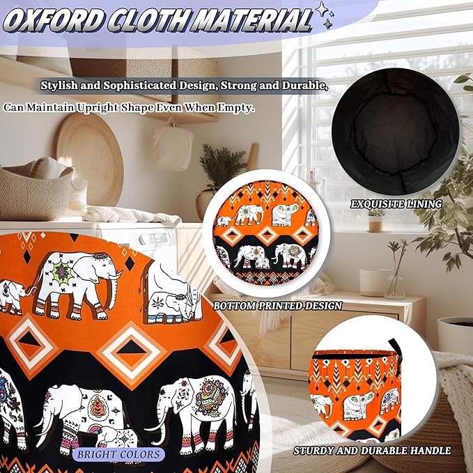 Elephants Laundry Basket Foldable Boho Elephant Animals Laundry Hamper With Handle Portable Oxford Cloth Clothes Storage Basket Laundry Bag 18.9"x16.5" For Laundry Room/Bedroom/Bathrooms