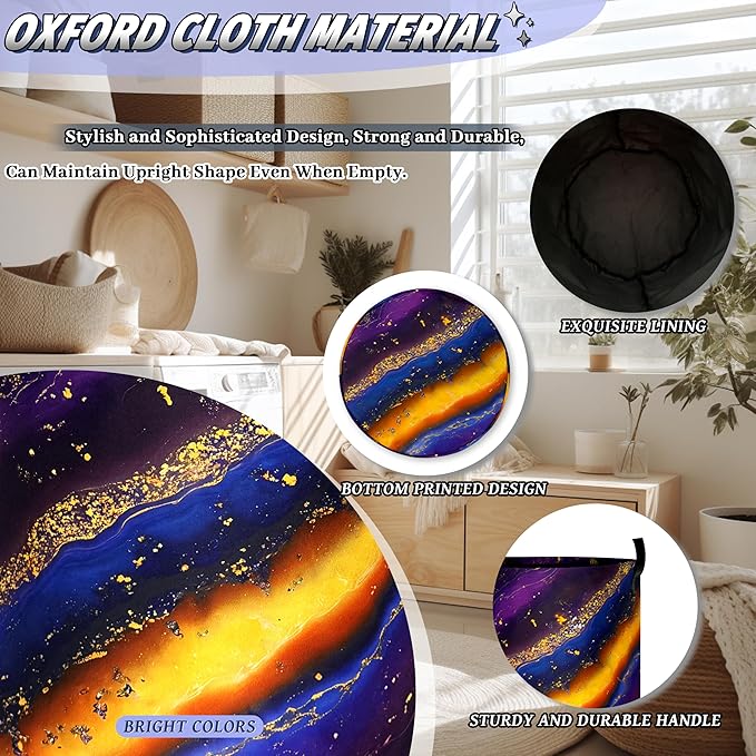 Purple Golden Marble Laundry Basket Foldable Colorful Abstract Print Laundry Hamper With Handle Portable Oxford Cloth Clothes Storage Basket Laundry Bag 18.9"x16.5" For Laundry Room/Bedroom/Bathrooms