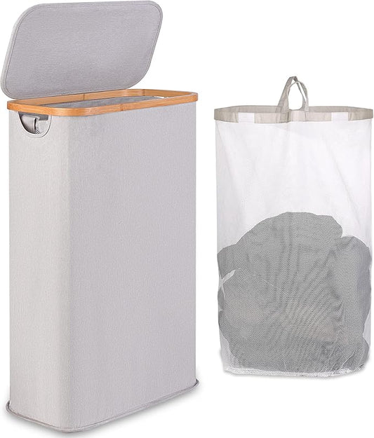 65L Slim Laundry Hamper, Narrow Laundry Basket with Lid,Foldable Clothes Hamper with Bamboo Handles,Hamper Basket with Removable Inner Bag for Laundry Room Bedroom College Dorm,17.17 Gals（Light Grey）