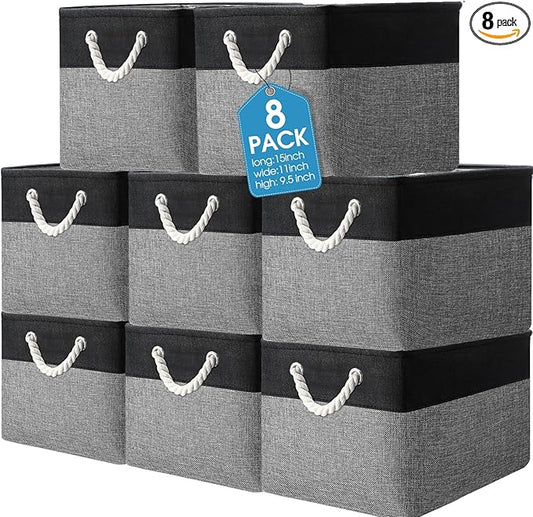 meekoo 8 Pack Collapsible Storage Bins Fabric Storage Bins Polyester Fabric Baskets with Handles Linen Closet Organizer for Shelf Home Closet Towels Toys(15 x 11 x 9.5 in,Black Gray)