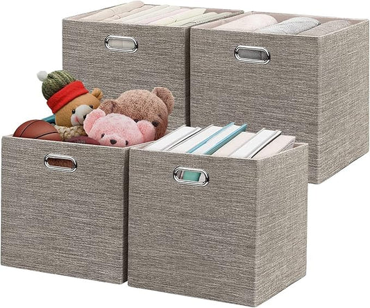 Posprica 3X Thicker Fabric Storage Cubes 13 inch Collapsible Storage Bins for Organization, Cubby Storage Baskets for Organizing Shelf Cabinet Bookcase Boxes, Set of 4, Coffee