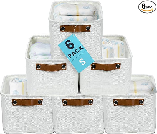 OrganiHaus Small Fabric Storage Baskets 6 Pack, 12x8in Cloth Storage Bins for Shelves, Small Baskets for Organizing Pantry Closet, Canvas Shelf Baskets, Off-White