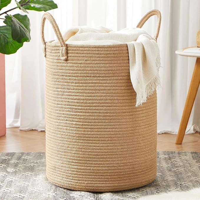 60L Jute Woven Laundry Hamper Basket Wicker Rope Clothes Hamper Tall Rattan Blanket Basket in Living Room Bedroom 15Dx20H Inches Large