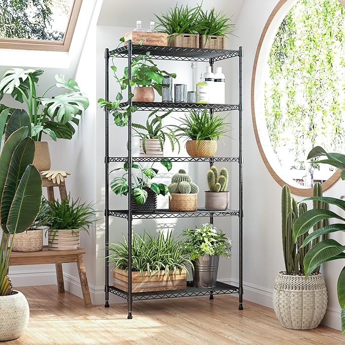 REIBII 5 Tier Wire Shelving, 23.2" W Metal Shelving, Small Space Corner Storage, Adjustable Shelves, Leveling Feet, Metal, for Kitchen, Bedroom, Pantry, Closet,Laundry Room