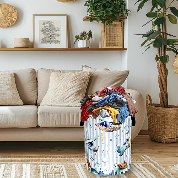 Cartoon Airplane Laundry Basket Foldable Funny Plane Laundry Hamper With Handle Portable Oxford Cloth Clothes Storage Basket Laundry Bag 18.9"x16.5" For Laundry Room/Bedroom/Bathrooms