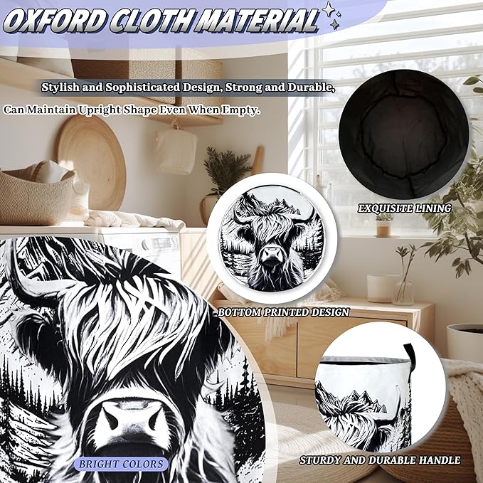 Black White Highland Cow Laundry Basket Foldable Animal Cows Laundry Hamper With Handle Portable Oxford Cloth Clothes Storage Basket Laundry Bag 18.9"x16.5" For Laundry Room/Bedroom/Bathrooms