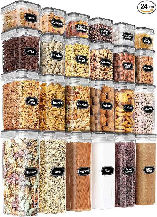 PRAKI Airtight Food Storage Containers Set with Lids - 24 PCS, BPA Free Kitchen and Pantry Organization, Plastic Leak-proof Canisters for Cereal Flour & Sugar - Labels & Marker(Grey)