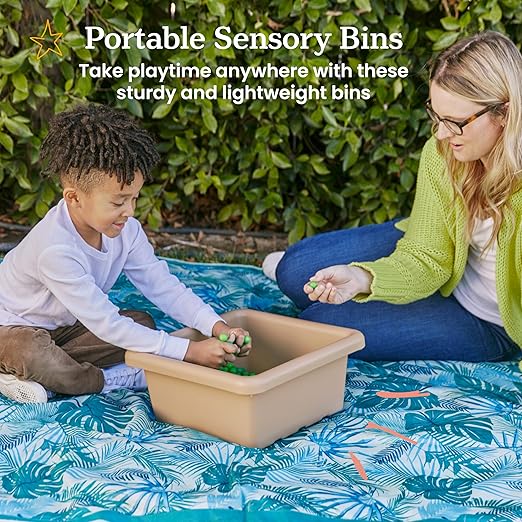 ECR4Kids Stackable Square Bins with Non-Snap Lids, Multipurpose Organization, Sand, 4-Pack