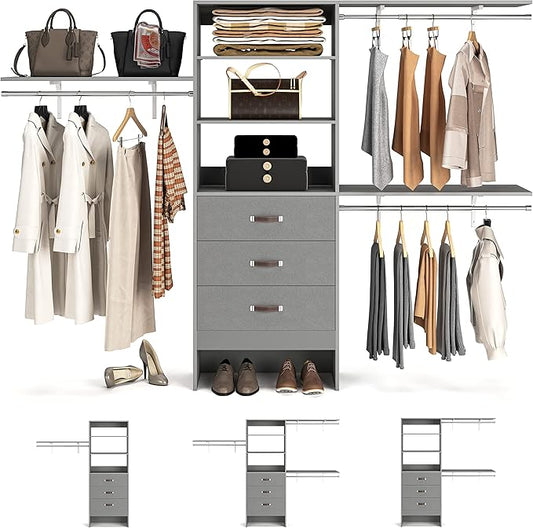 Armocity 96 Inches Closet System, 8FT Walk In Closet Organizer with 3 Shelving Towers, Heavy Duty Clothes Rack with 3 Drawers, Built-In Garment Rack, 96" L x 16" W x 75" H, Max Load 1000 LBS, Grey