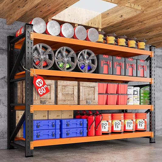60" Wide Garage Shelving Heavy Duty, 24" Deep Large Storage Shelves, 4 Tier Tall Steel Industrial Shelving, 5000 LBS Adjustable Standing Shelf for Warehouse/Shop 60" W x 24" D x 70" H