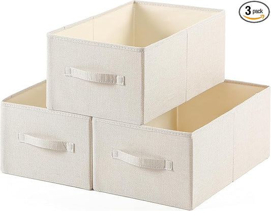 Linen Folding Storage Bins, 3 Pack Large Storage Baskets, Washable, Clothing Storage Bins with Handle, Closet Organizer for Storage Sweater,Sheets(Beige, 18½"x11 x8½)