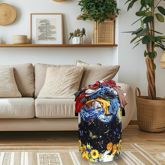 Starry Sky Sunflowers Laundry Basket Foldable Butterfly Laundry Hamper With Handle Portable Oxford Cloth Clothes Storage Basket Colorful Laundry Bag 18.9"x16.5" For Laundry Room/Bedroom/Bathrooms
