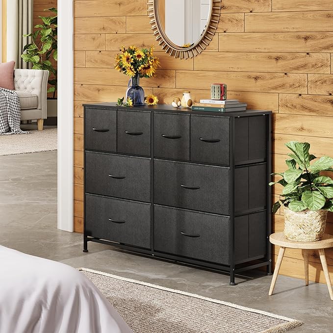 WLIVE Dresser for Bedroom with 8 Drawers, Wide Fabric Dresser for Storage and Organization, Bedroom Dressers, Chest of Drawers for Living Room, Closet, Hallway, Black