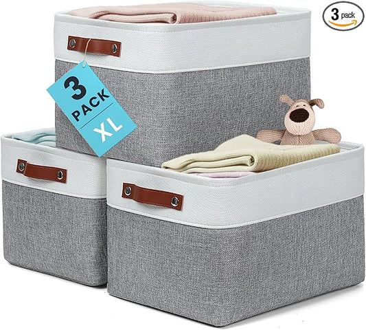 OrganiHaus Extra Large Fabric Storage Baskets for Shelves 3 Pack, 16x13in Closet Storage Bins, Canvas Baskets for Organizing, Linen Closet Organizers, Cloth Basket, Gray/Off-White