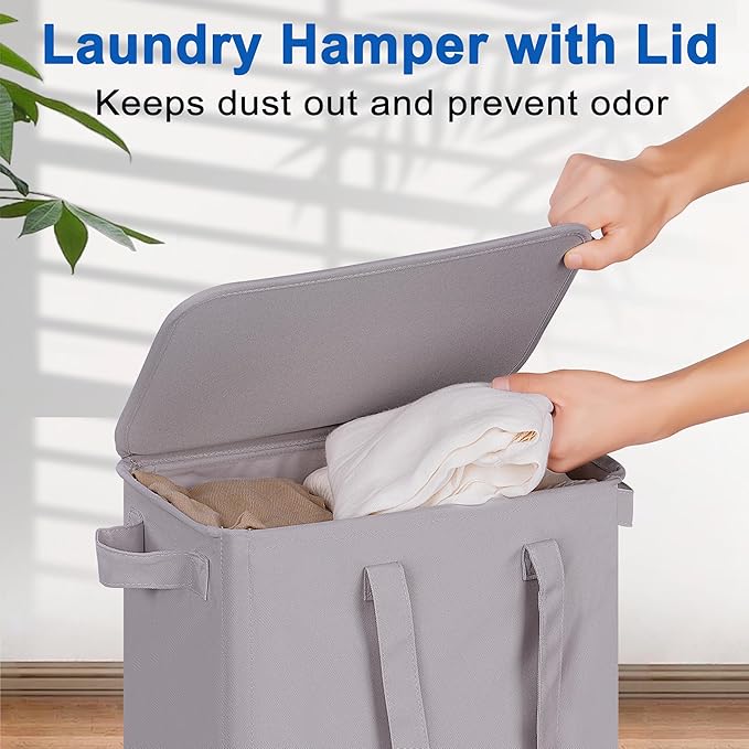 Vincona Slim Laundry Hamper with Lid and Wheels, Small Rolling Laundry Basket with Handle for Small Spaces, Tall Dirty Clothes Hampers for Dorm, Bathroom and Bedroom, 55L, Grey
