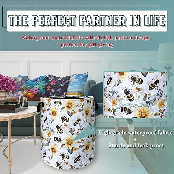 Cute Bees Laundry Basket Foldable With Handles Tote Bag Oxford Cloth Yellow Flowers Colorful Laundry Hamper Clothes Storage Bucket Toy Organizer 18.9" x 16.5" For Bathroom/Laundry/Bedroom