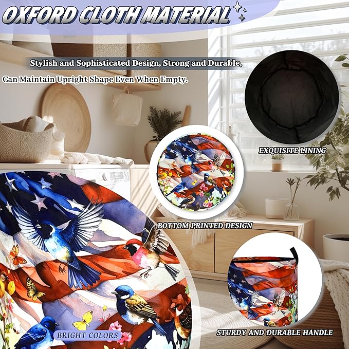 Colorful Bird Laundry Basket Foldable American Flag Garden Birds Laundry Hamper With Handle Portable Oxford Cloth Clothes Storage Basket Laundry Bag 18.9"x16.5" For Laundry Room/Bedroom/Bathrooms