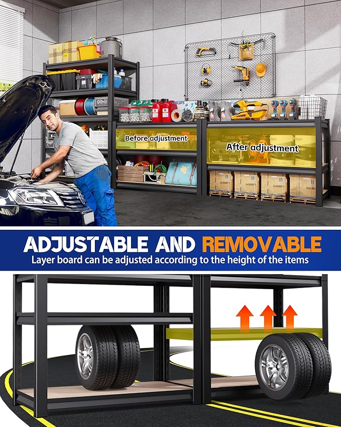 Set of 2 Garage Shelving Heavy Duty, 5-Tier Storage Shelves, Home Storage Rack, Utility Metal Shelf, Adjustable Shelving Unit, for Dorm, Basement, Kitchen,17.7" D x 45.6" W x 71.2" H, Black