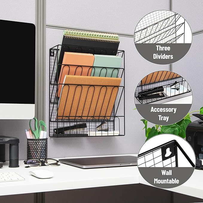 Mind Reader Metal Wire Desktop Organizer, Vertical File Holder, Hooks and Storage Tray, Wall Mount or Desktop, Metal, Black