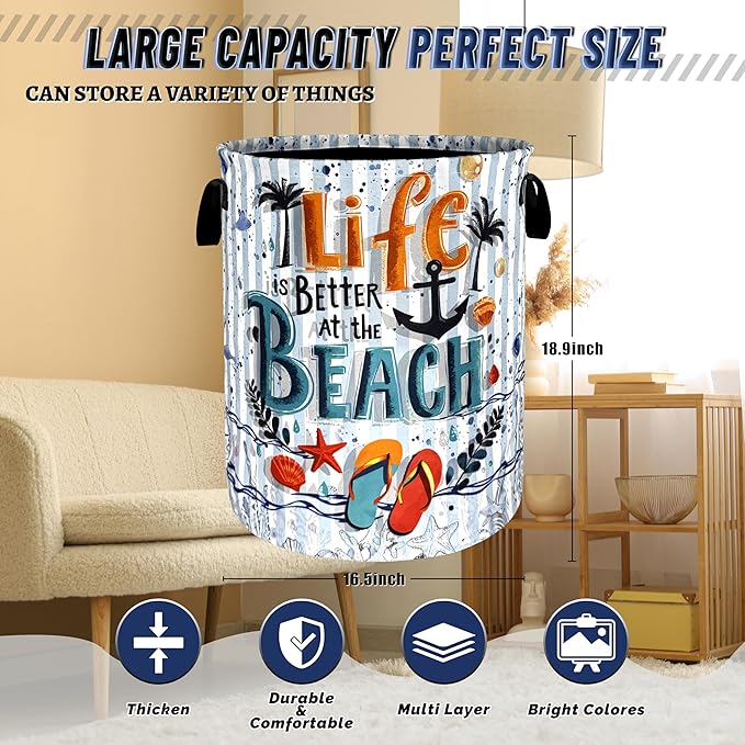 Life is Better At the Beach Laundry Basket Foldable Funny Laundry Hamper With Handle Portable Oxford Cloth Clothes Storage Basket Laundry Bag 18.9"x16.5" For Laundry Room/Bedroom/Bathrooms
