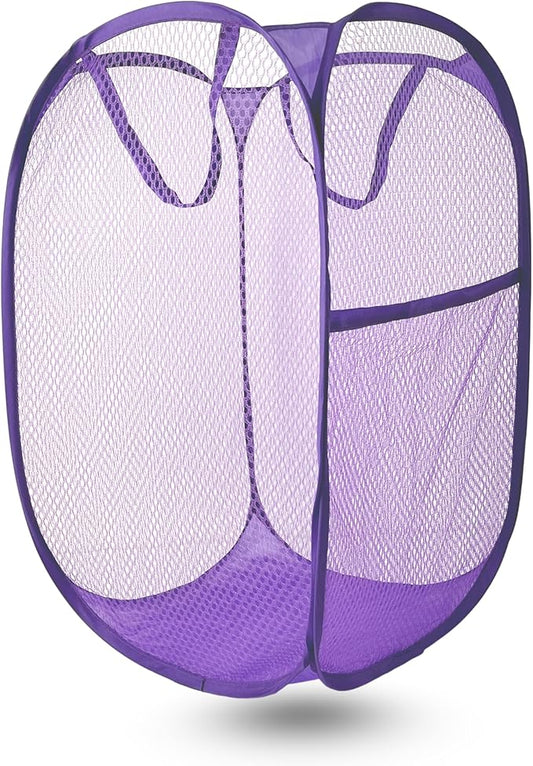 Pop Up Laundry Hamper, Mesh Laundry Basket Collapsible, Foldable Hamper for Travel and Storage (Purple)