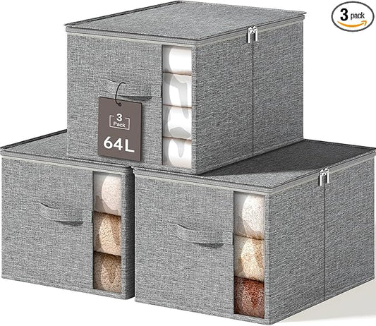 Large Clothes Storage Bins with Sturdy Frame, Foldable Clothing Organizer Box, Sweater Storage Cube with Lids and Zipper, Fabric Bedding Storage Bags for Blankets, Seasonal Clothes, Comforter