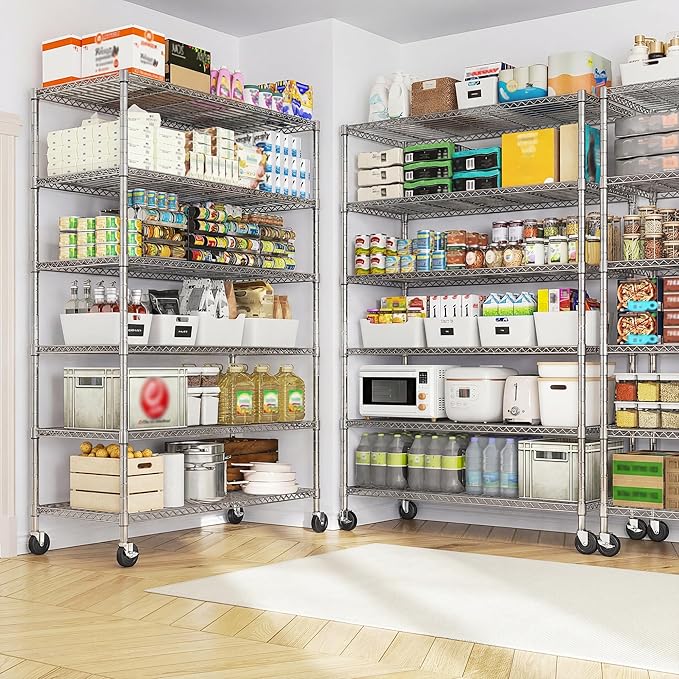 Romorgniz 82" H X45 W X18 D Storage Shelves with Wheels, 6 Tier Wire Shelving Adjustable Metal Shelving Pantry Shelves Capacity 1200LBS for Garage Shelving, Pantry, Kitchen, Closet,Chrome