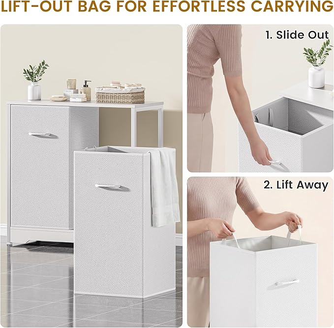 Pull-Out Laundry Sorter Cabinet With Removable Bags, Laundry Basket, 140L (2x70L) Laundry Hamper 2 Section For Organized Bedroom, Laundry Room, White