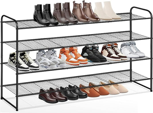 KEETDY 4-Tier Long Shoe Rack for Closet Metal Shoe Organizer for Entryway, Wide Stackable Shoe Storage Shelf with Sturdy Wire Grid for Closet Floor, Bedroom, Black