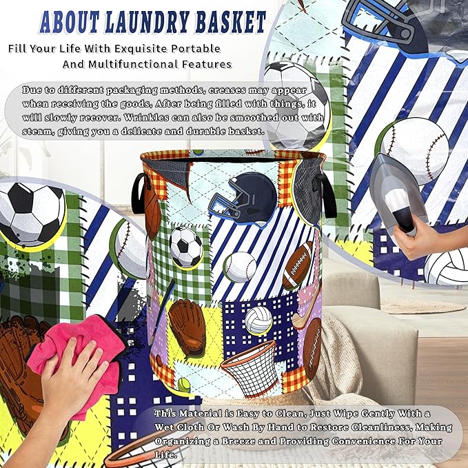 Colorful Balls Sports Laundry Basket Foldable Ball Games Laundry Hamper With Handle Portable Oxford Cloth Clothes Storage Basket Funny Laundry Bag 18.9"x16.5" For Laundry Room/Bedroom/Bathrooms