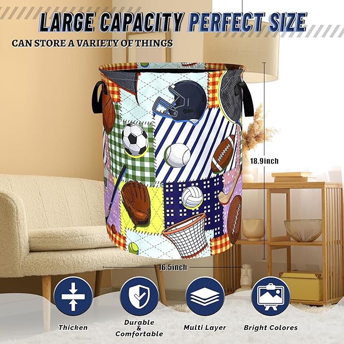 Colorful Balls Sports Laundry Basket Foldable Ball Games Laundry Hamper With Handle Portable Oxford Cloth Clothes Storage Basket Funny Laundry Bag 18.9"x16.5" For Laundry Room/Bedroom/Bathrooms